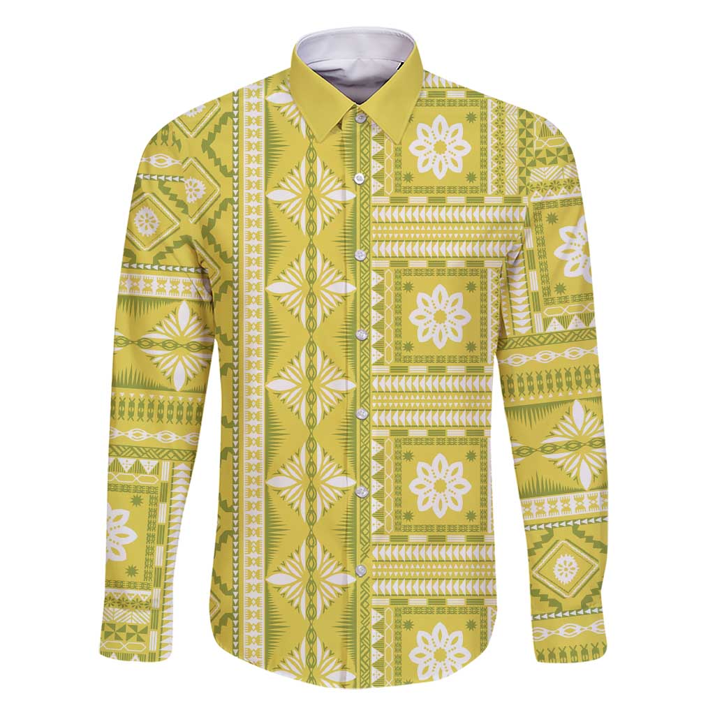 Fiji Masi All Yellow Family Matching Short Sleeve Bodycon Dress and Hawaiian Shirt Tapa Pattern LT01 Dad's Shirt - Long Sleeve Yellow - Polynesian Pride