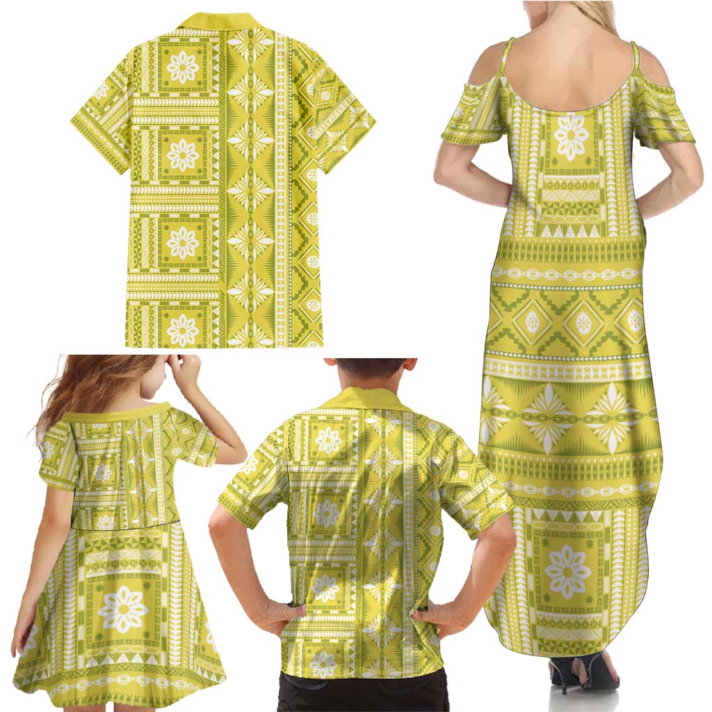Fiji Masi All Yellow Family Matching Summer Maxi Dress and Hawaiian Shirt Tapa Pattern LT01 - Polynesian Pride