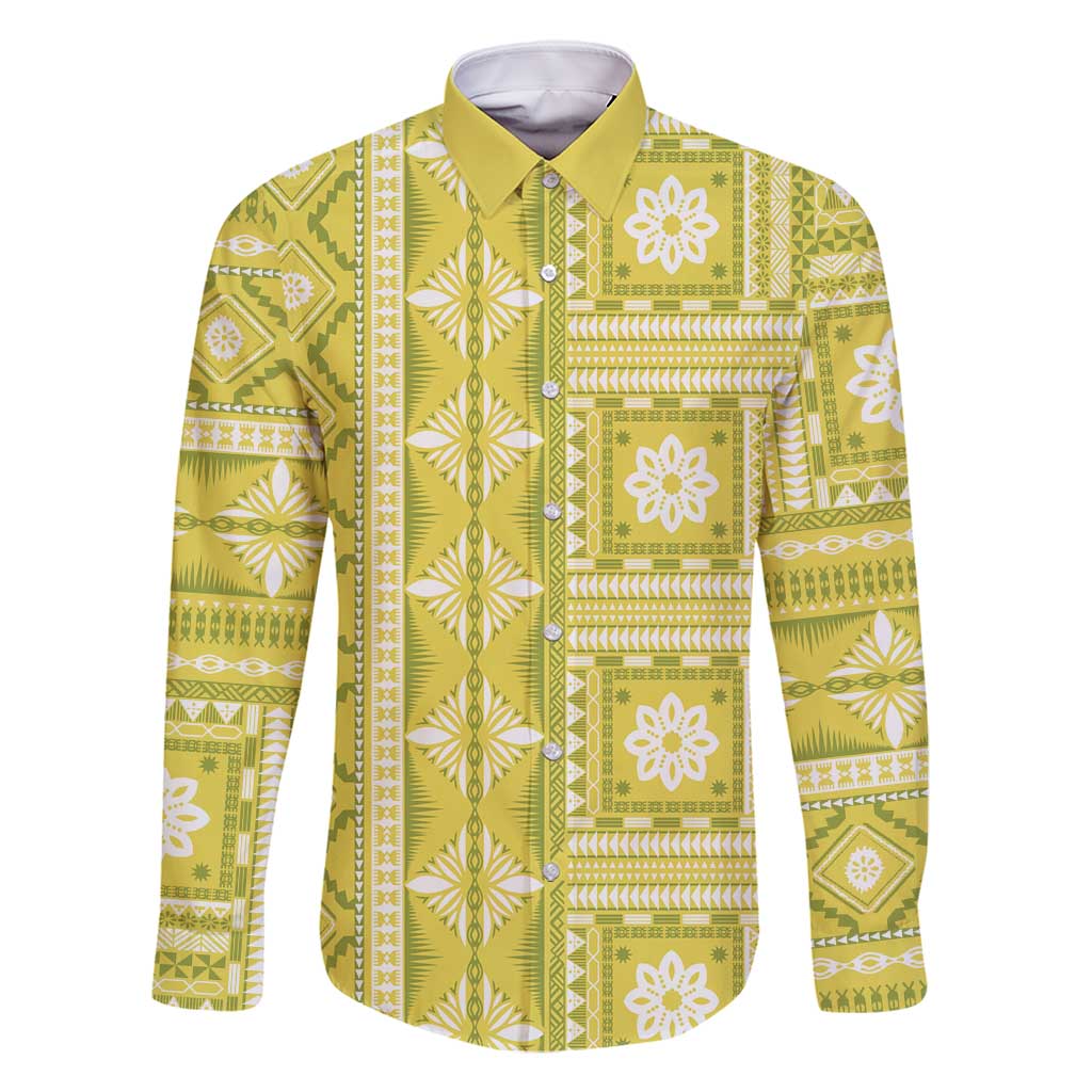 Fiji Masi All Yellow Family Matching Summer Maxi Dress and Hawaiian Shirt Tapa Pattern LT01 Dad's Shirt - Long Sleeve Yellow - Polynesian Pride