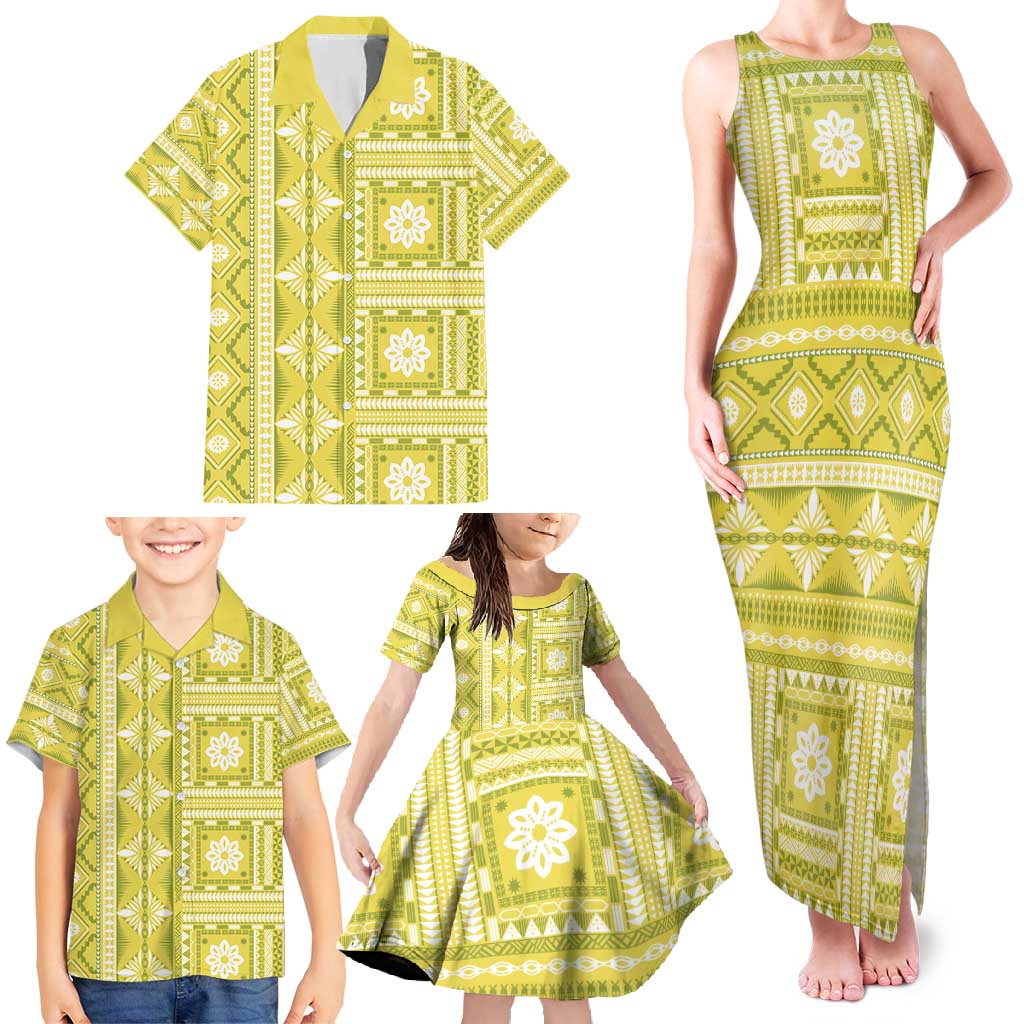 Fiji Masi All Yellow Family Matching Tank Maxi Dress and Hawaiian Shirt Tapa Pattern LT01 - Polynesian Pride
