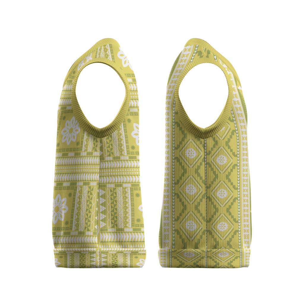 Fiji Masi All Yellow Christmas Knitted V-Neck Vest Tapa Pattern - Polynesian Pride