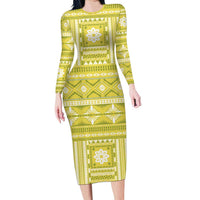 Fiji Masi All Yellow Long Sleeve Bodycon Dress Tapa Pattern LT01 Long Dress Yellow - Polynesian Pride