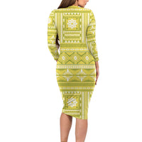 Fiji Masi All Yellow Long Sleeve Bodycon Dress Tapa Pattern LT01 - Polynesian Pride