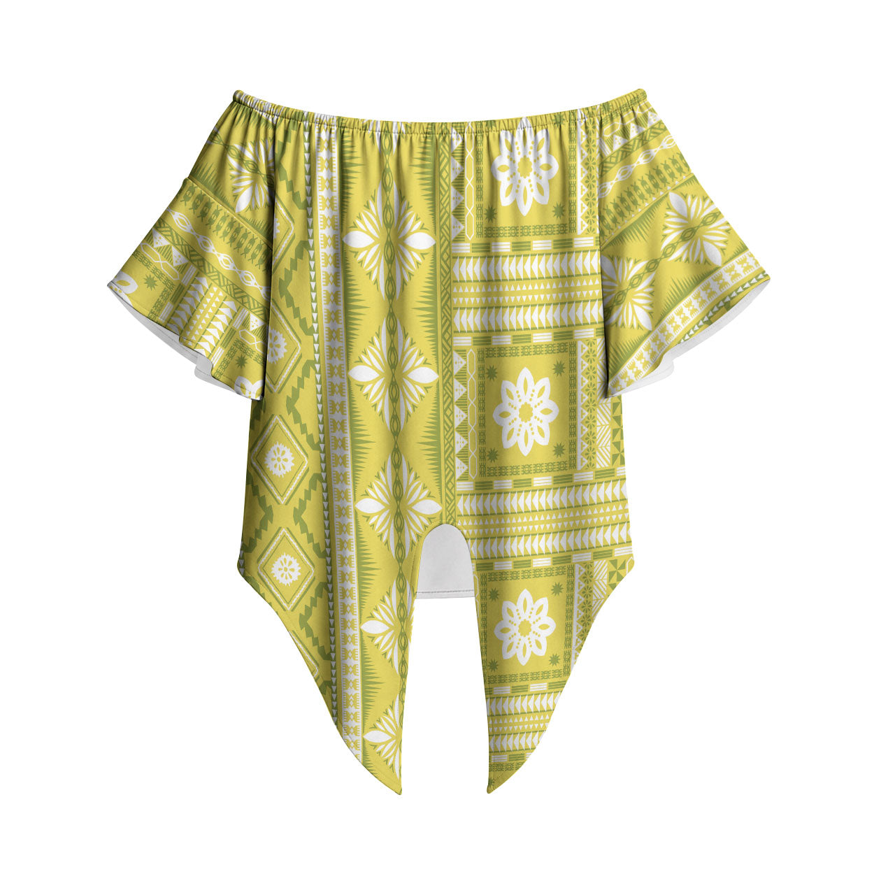 Fiji Masi All Yellow Off Shoulder Wrap Waist Top Tapa Pattern LT01 Yellow - Polynesian Pride
