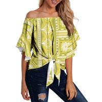 Fiji Masi All Yellow Off Shoulder Wrap Waist Top Tapa Pattern LT01 - Polynesian Pride