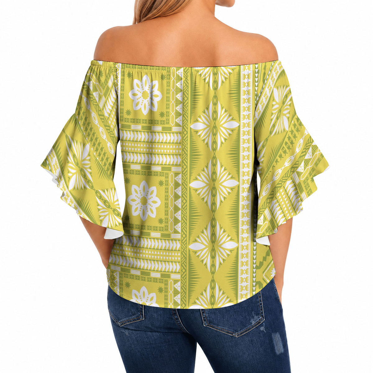 Fiji Masi All Yellow Off Shoulder Wrap Waist Top Tapa Pattern LT01 - Polynesian Pride