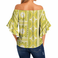 Fiji Masi All Yellow Off Shoulder Wrap Waist Top Tapa Pattern LT01 - Polynesian Pride