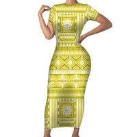 Fiji Masi All Yellow Short Sleeve Bodycon Dress Tapa Pattern LT01 Long Dress Yellow - Polynesian Pride