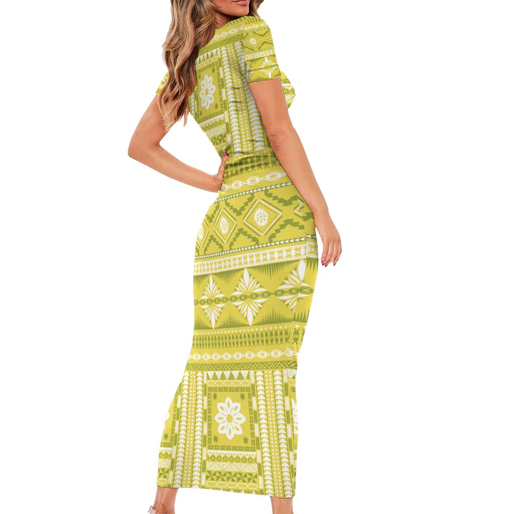 Fiji Masi All Yellow Short Sleeve Bodycon Dress Tapa Pattern LT01 - Polynesian Pride