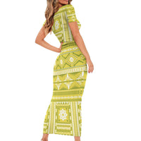 Fiji Masi All Yellow Short Sleeve Bodycon Dress Tapa Pattern LT01 - Polynesian Pride