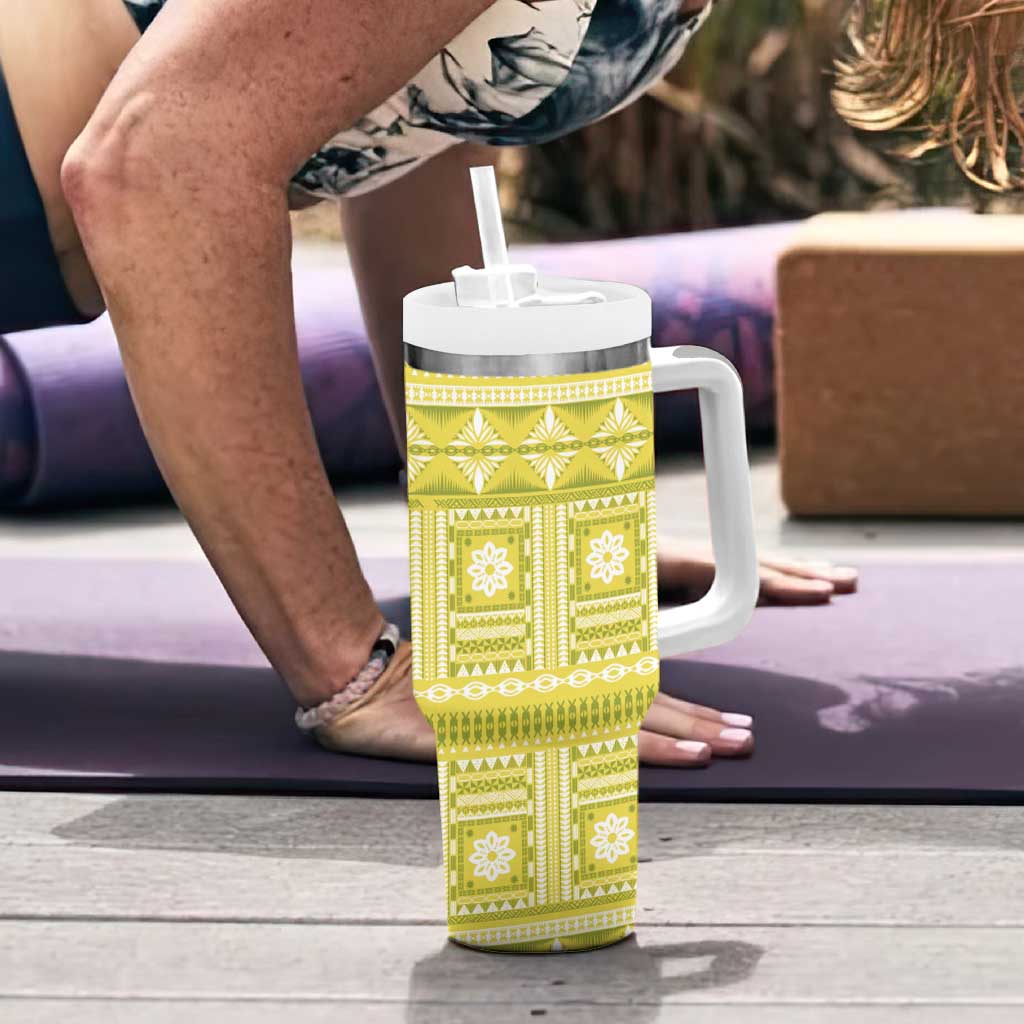 Fiji Masi All Yellow Tumbler With Handle Tapa Pattern - Polynesian Pride