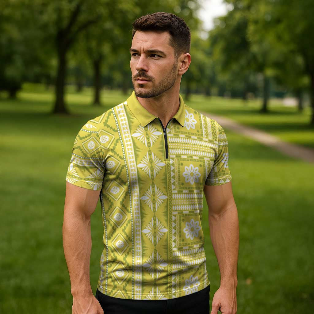 Fiji Masi All Yellow Zipper Polo Shirt Tapa Pattern - Polynesian Pride