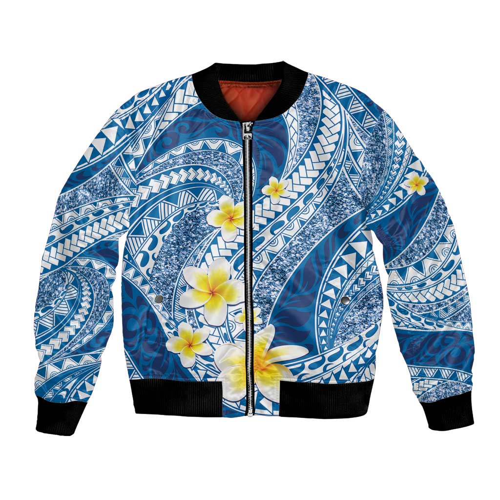 Plumeria Polynesian Blue Glitter Pattern Bomber Jacket LT01 Unisex Blue - Polynesian Pride