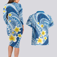 Plumeria Polynesian Blue Glitter Pattern Couples Matching Long Sleeve Bodycon Dress and Hawaiian Shirt LT01 - Polynesian Pride