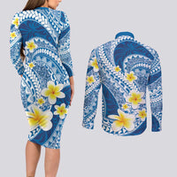 Plumeria Polynesian Blue Glitter Pattern Couples Matching Long Sleeve Bodycon Dress and Long Sleeve Button Shirt