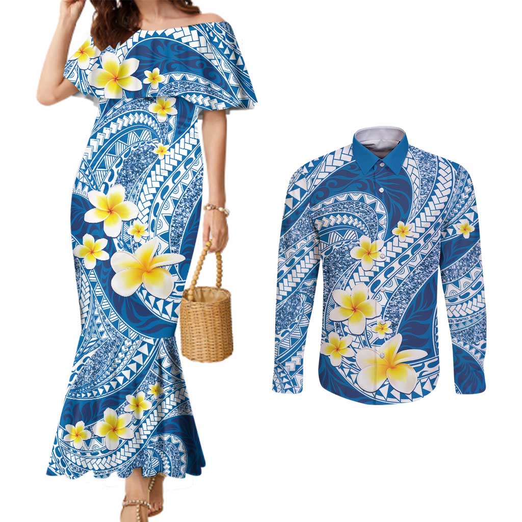 Plumeria Polynesian Blue Glitter Pattern Couples Matching Mermaid Dress and Long Sleeve Button Shirt LT01 Blue - Polynesian Pride