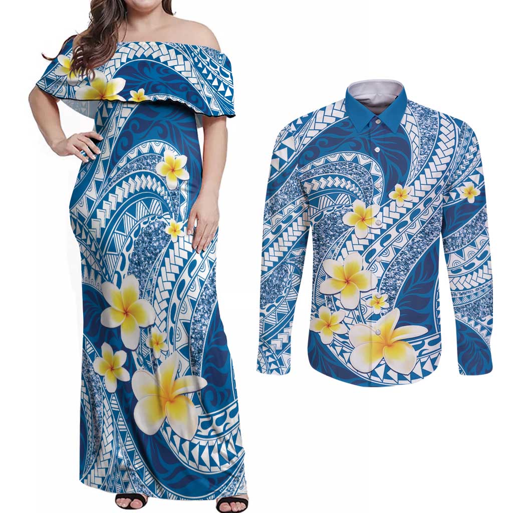 Plumeria Polynesian Blue Glitter Pattern Couples Matching Off Shoulder Maxi Dress and Long Sleeve Button Shirt LT01 Blue - Polynesian Pride
