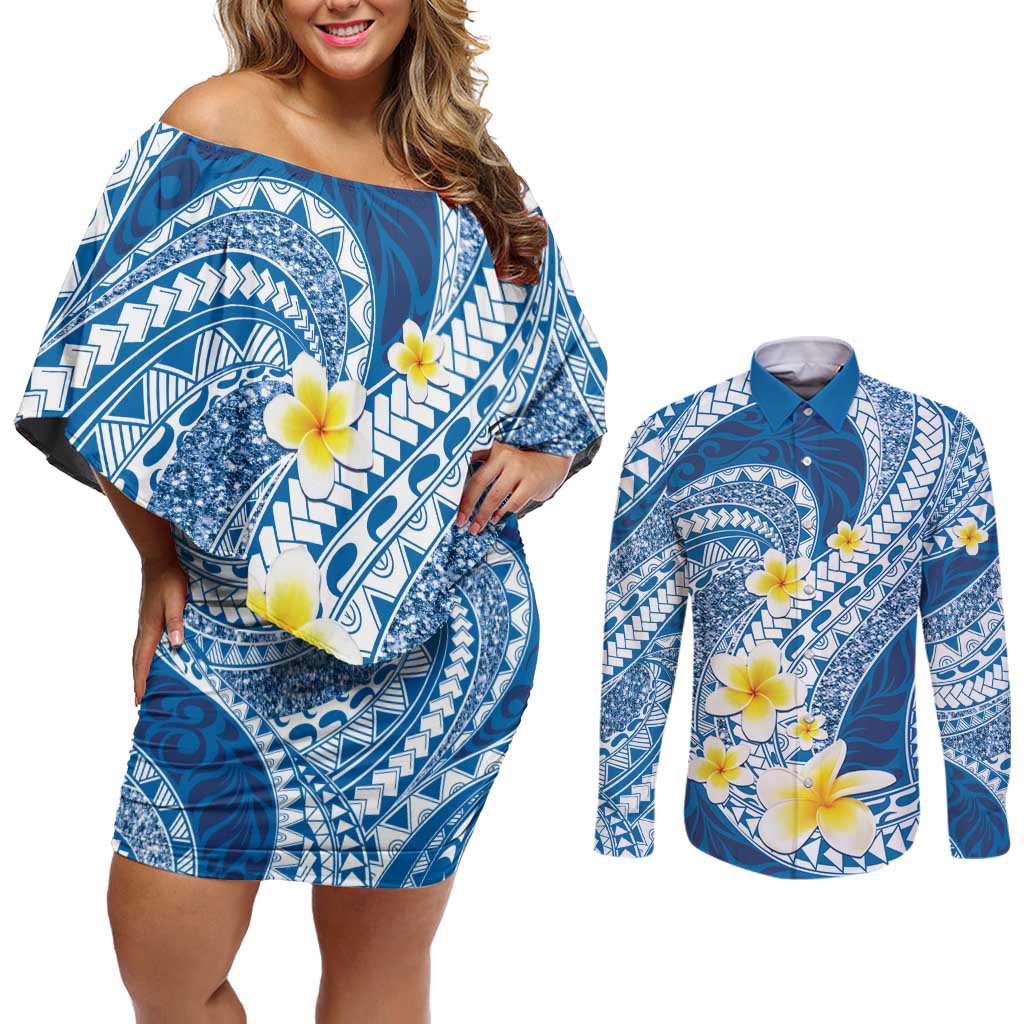 Plumeria Polynesian Blue Glitter Pattern Couples Matching Off Shoulder Short Dress and Long Sleeve Button Shirt LT01 Blue - Polynesian Pride