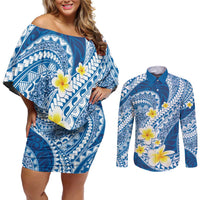 Plumeria Polynesian Blue Glitter Pattern Couples Matching Off Shoulder Short Dress and Long Sleeve Button Shirt