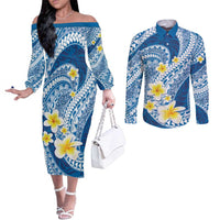 Plumeria Polynesian Blue Glitter Pattern Couples Matching Off The Shoulder Long Sleeve Dress and Long Sleeve Button Shirt LT01 Blue - Polynesian Pride