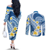 Plumeria Polynesian Blue Glitter Pattern Couples Matching Off The Shoulder Long Sleeve Dress and Long Sleeve Button Shirt LT01 - Polynesian Pride