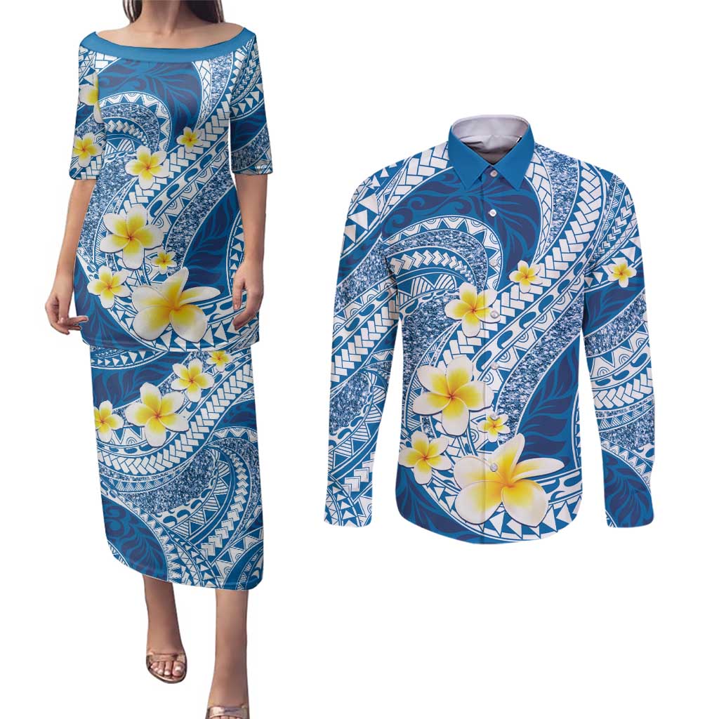 Plumeria Polynesian Blue Glitter Pattern Couples Matching Puletasi and Long Sleeve Button Shirt LT01 Blue - Polynesian Pride