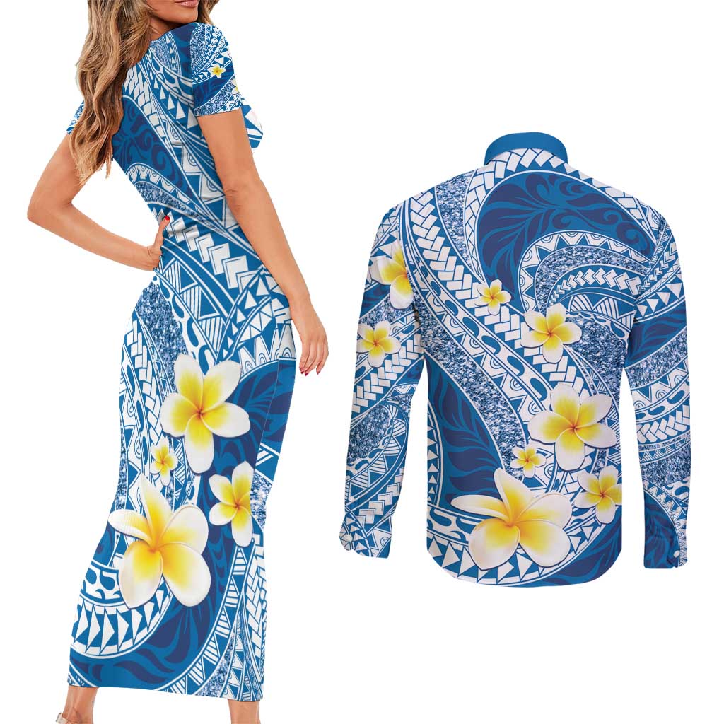 Plumeria Polynesian Blue Glitter Pattern Couples Matching Short Sleeve Bodycon Dress and Long Sleeve Button Shirt