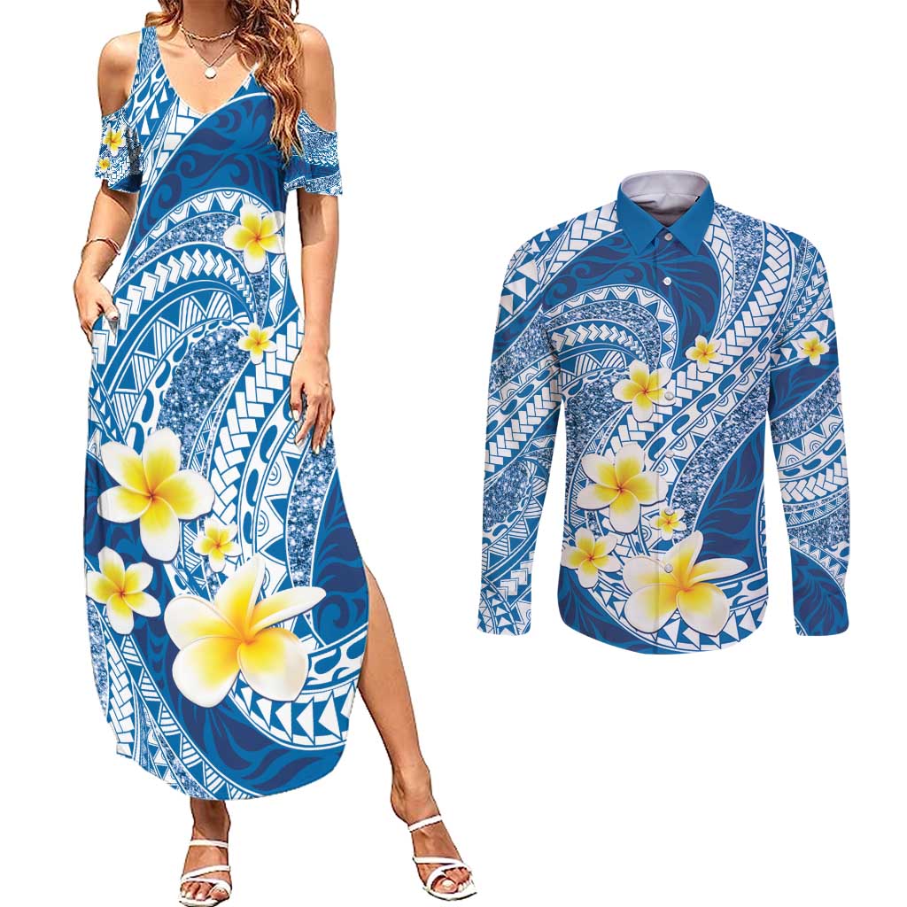 Plumeria Polynesian Blue Glitter Pattern Couples Matching Summer Maxi Dress and Long Sleeve Button Shirt LT01 Blue - Polynesian Pride