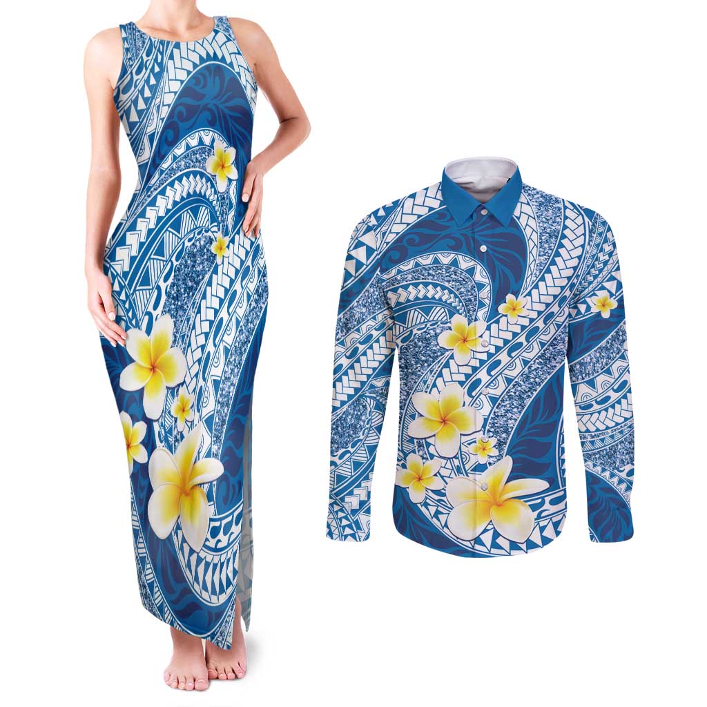 Plumeria Polynesian Blue Glitter Pattern Couples Matching Tank Maxi Dress and Long Sleeve Button Shirt LT01 Blue - Polynesian Pride