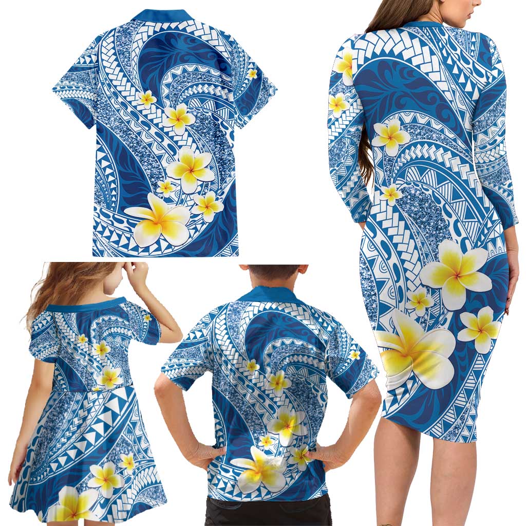 Plumeria Polynesian Blue Glitter Pattern Family Matching Long Sleeve Bodycon Dress and Hawaiian Shirt LT01 - Polynesian Pride