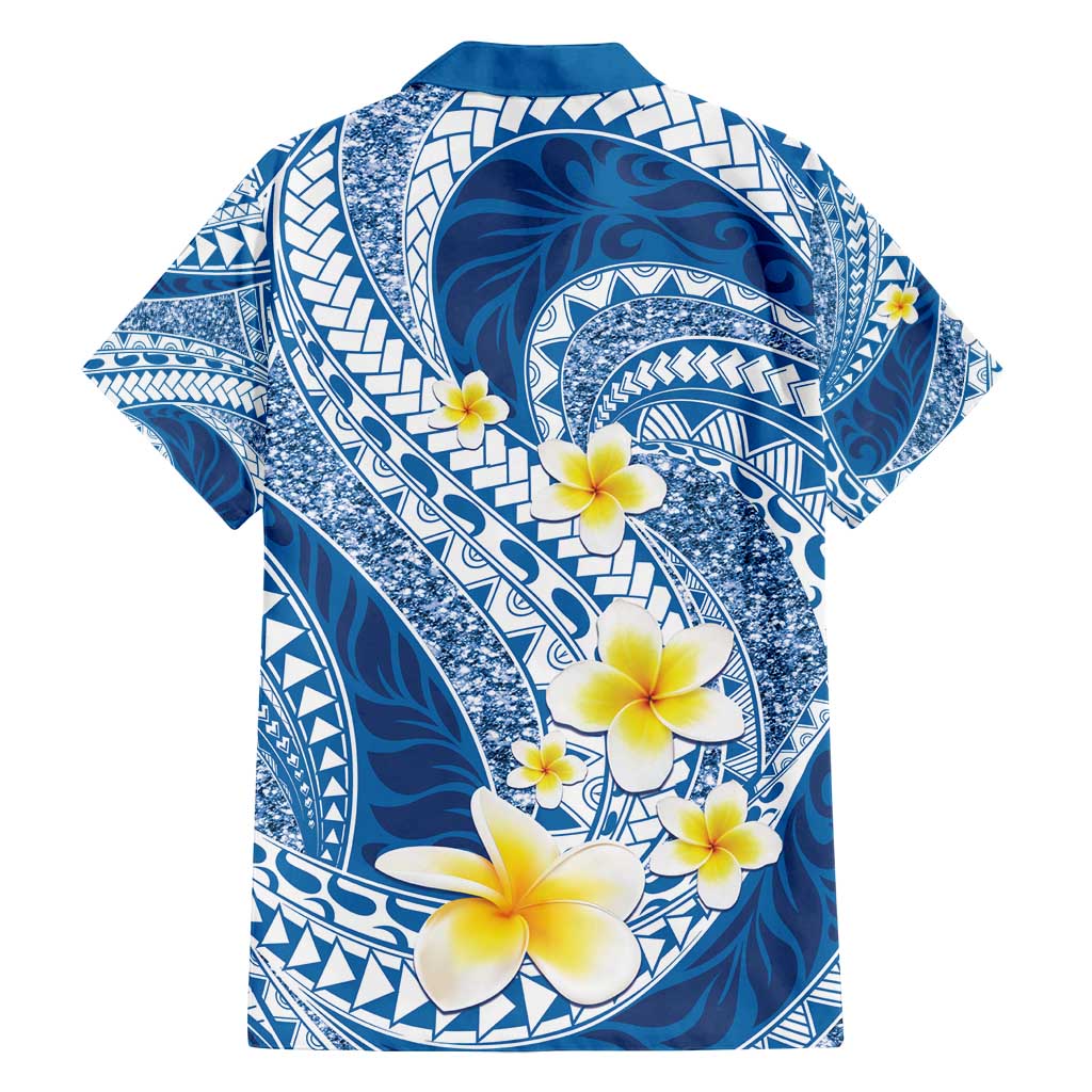 Plumeria Polynesian Blue Glitter Pattern Family Matching Long Sleeve Bodycon Dress and Hawaiian Shirt LT01 - Polynesian Pride