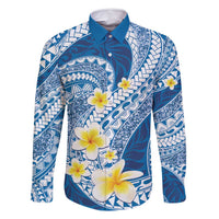 Plumeria Polynesian Blue Glitter Pattern Family Matching Long Sleeve Bodycon Dress and Hawaiian Shirt LT01 Dad's Shirt - Long Sleeve Blue - Polynesian Pride