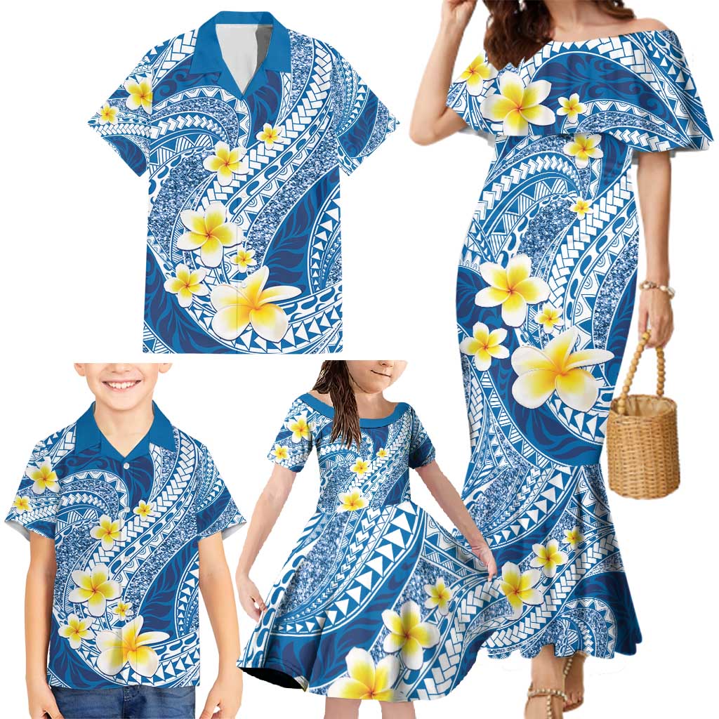 Plumeria Polynesian Blue Glitter Pattern Family Matching Mermaid Dress and Hawaiian Shirt LT01 - Polynesian Pride