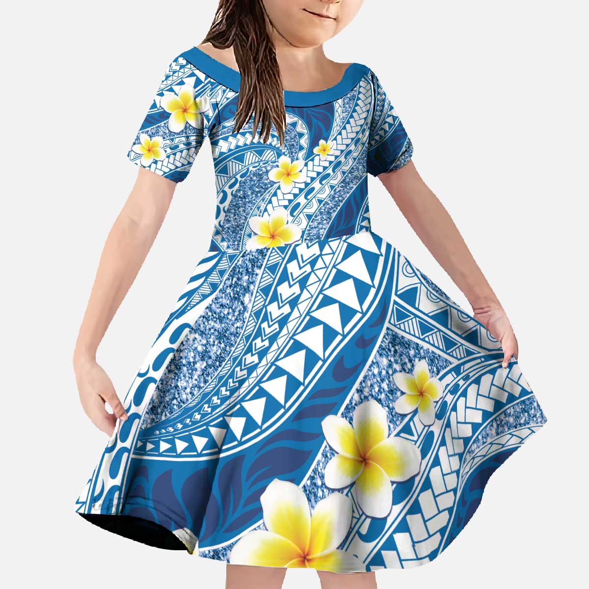 Plumeria Polynesian Blue Glitter Pattern Family Matching Off The Shoulder Long Sleeve Dress and Hawaiian Shirt LT01 Daughter's Dress Blue - Polynesian Pride