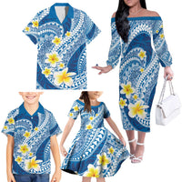 Plumeria Polynesian Blue Glitter Pattern Family Matching Off The Shoulder Long Sleeve Dress and Hawaiian Shirt LT01 - Polynesian Pride