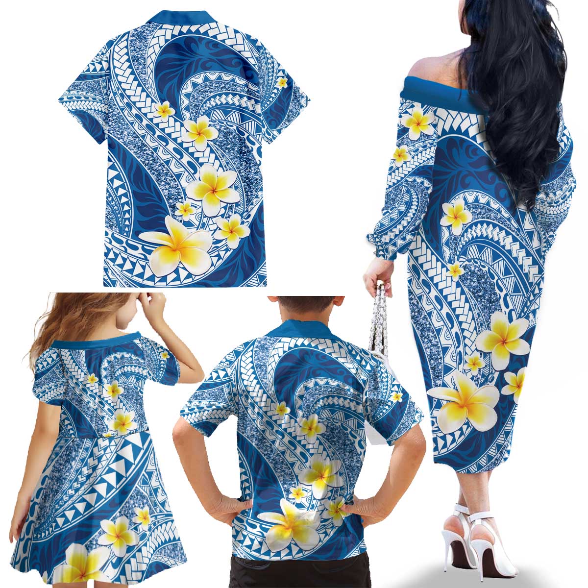 Plumeria Polynesian Blue Glitter Pattern Family Matching Off The Shoulder Long Sleeve Dress and Hawaiian Shirt LT01 - Polynesian Pride