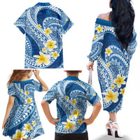 Plumeria Polynesian Blue Glitter Pattern Family Matching Off The Shoulder Long Sleeve Dress and Hawaiian Shirt LT01 - Polynesian Pride