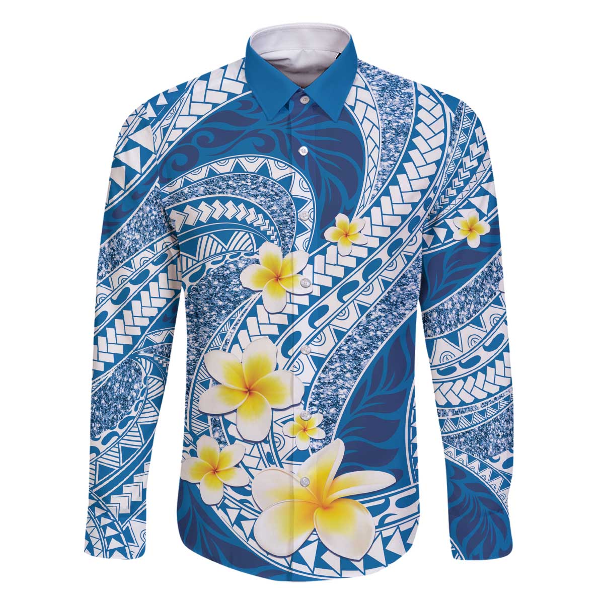Plumeria Polynesian Blue Glitter Pattern Family Matching Off The Shoulder Long Sleeve Dress and Hawaiian Shirt LT01 Dad's Shirt - Long Sleeve Blue - Polynesian Pride