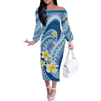 Plumeria Polynesian Blue Glitter Pattern Family Matching Off The Shoulder Long Sleeve Dress and Hawaiian Shirt LT01 Mom's Dress Blue - Polynesian Pride