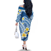Plumeria Polynesian Blue Glitter Pattern Family Matching Off The Shoulder Long Sleeve Dress and Hawaiian Shirt LT01 - Polynesian Pride