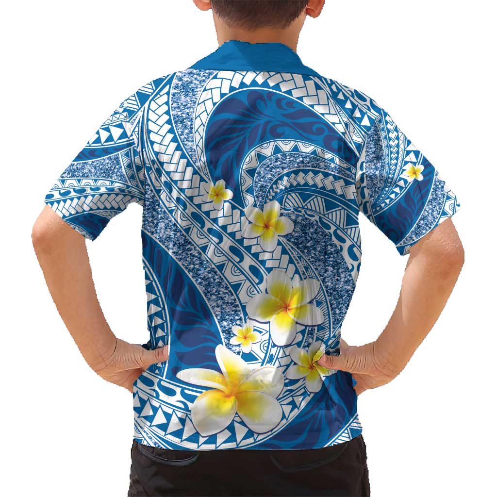 Plumeria Polynesian Blue Glitter Pattern Family Matching Off Shoulder Short Dress and Hawaiian Shirt