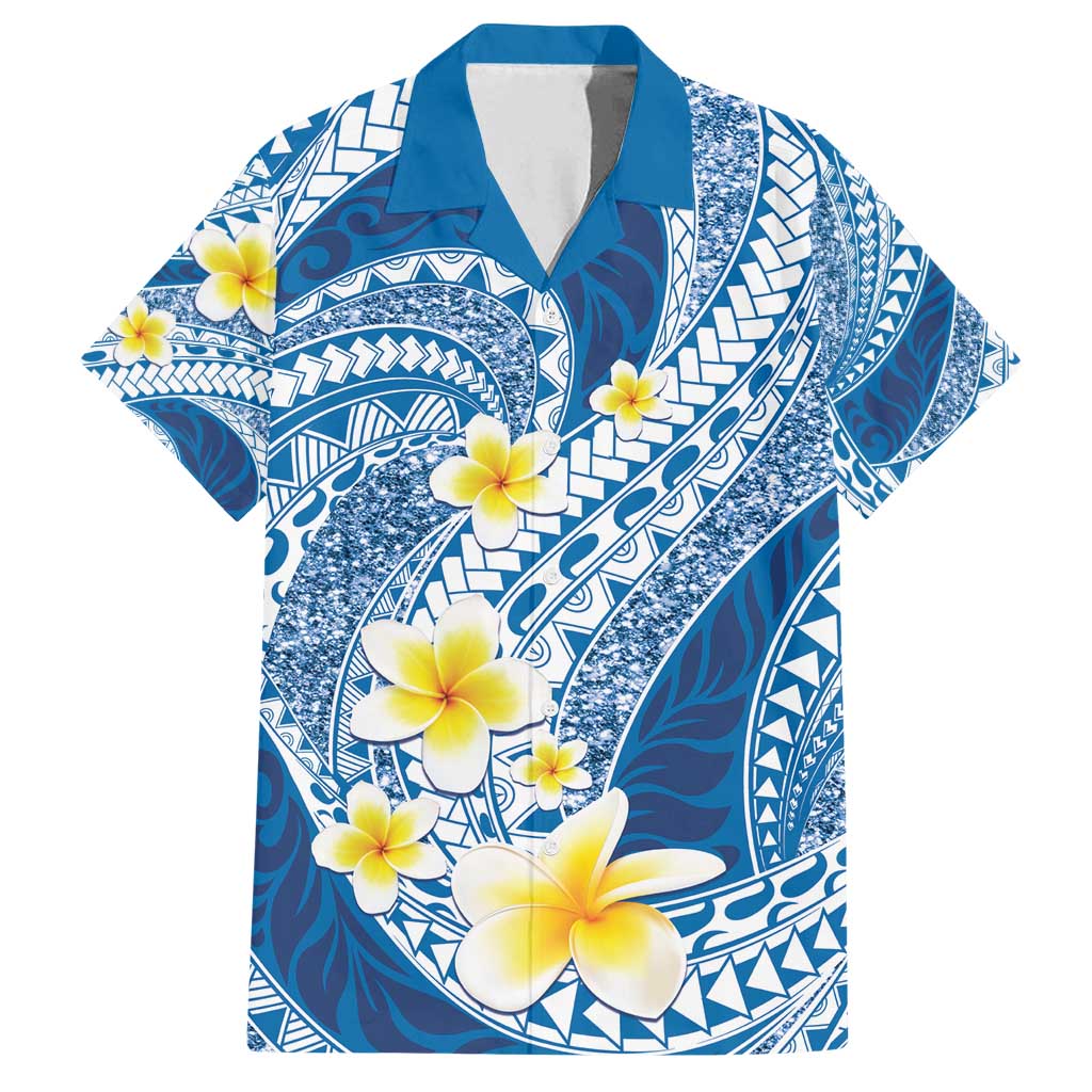 Plumeria Polynesian Blue Glitter Pattern Family Matching Puletasi and Hawaiian Shirt