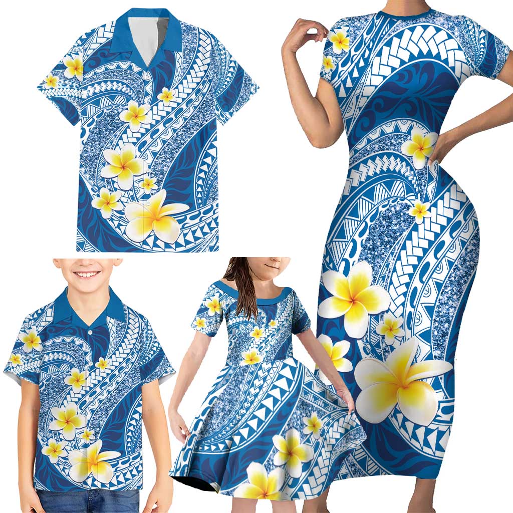 Plumeria Polynesian Blue Glitter Pattern Family Matching Short Sleeve Bodycon Dress and Hawaiian Shirt LT01 - Polynesian Pride