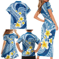 Plumeria Polynesian Blue Glitter Pattern Family Matching Short Sleeve Bodycon Dress and Hawaiian Shirt LT01 - Polynesian Pride