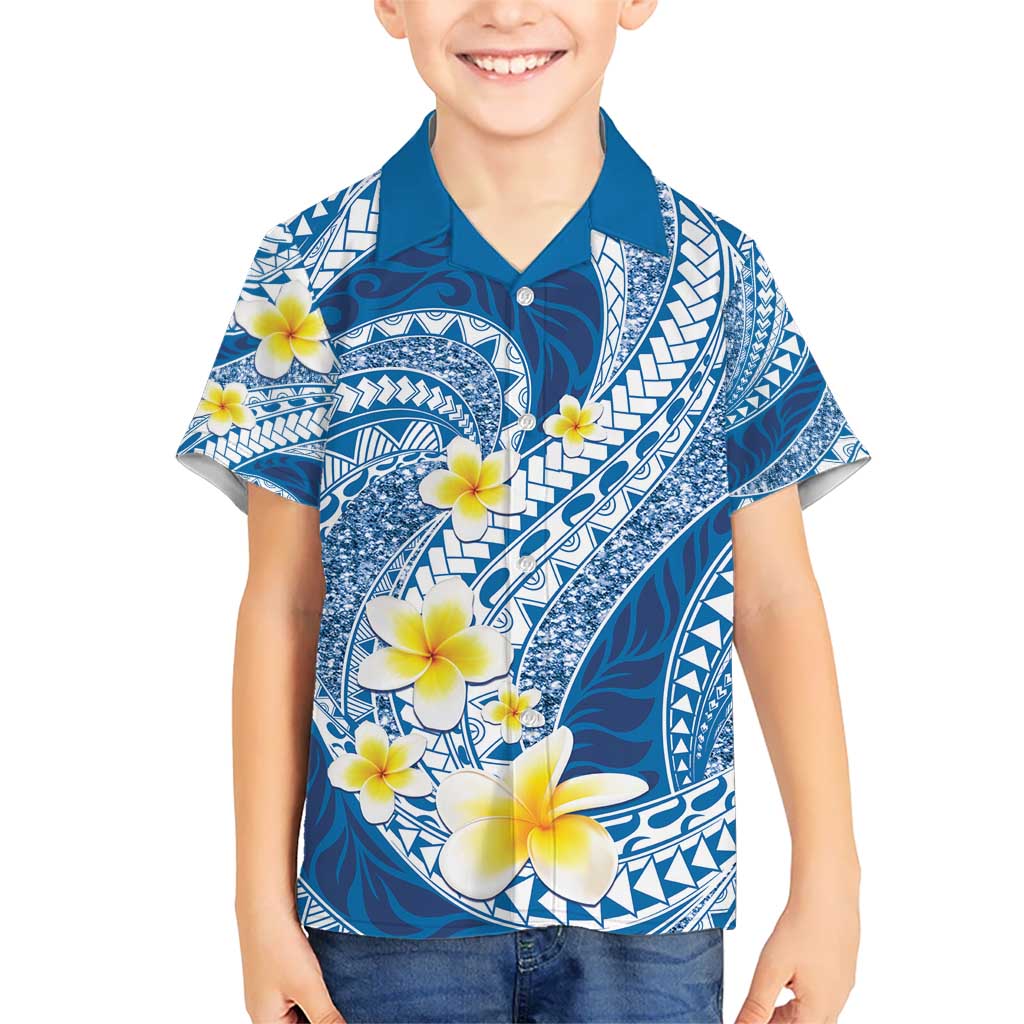 Plumeria Polynesian Blue Glitter Pattern Kid Hawaiian Shirt