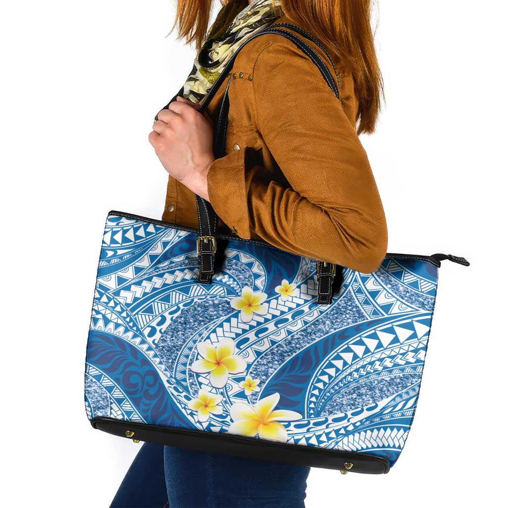 Plumeria Polynesian Blue Glitter Pattern Leather Tote Bag LT01 Blue - Polynesian Pride