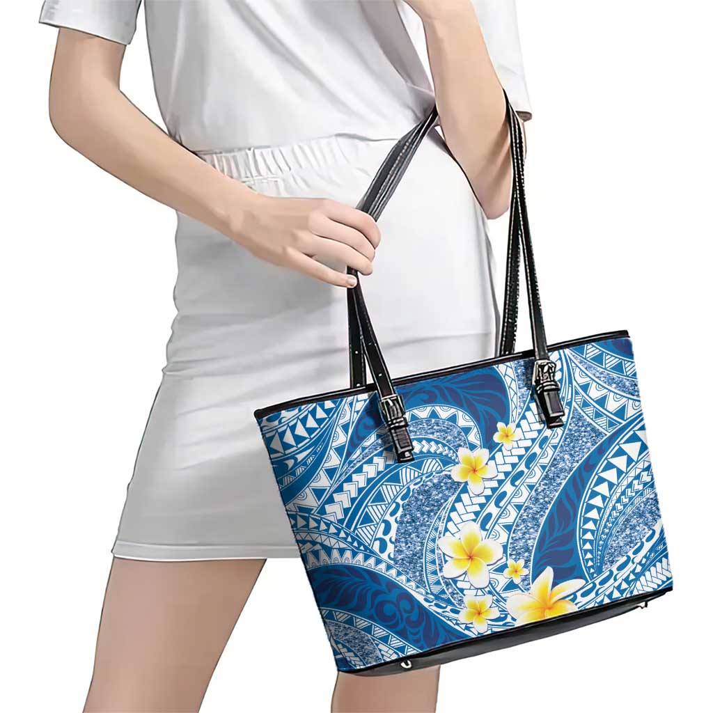 Plumeria Polynesian Blue Glitter Pattern Leather Tote Bag