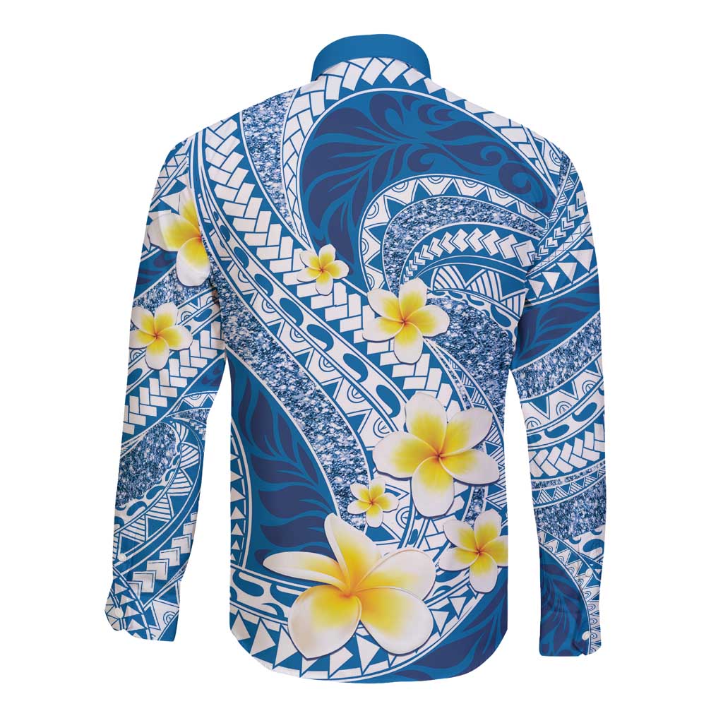 Plumeria Polynesian Blue Glitter Pattern Long Sleeve Button Shirt
