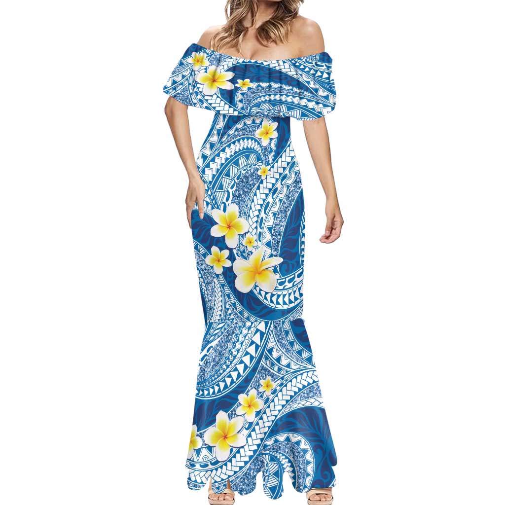Plumeria Polynesian Blue Glitter Pattern Mermaid Dress