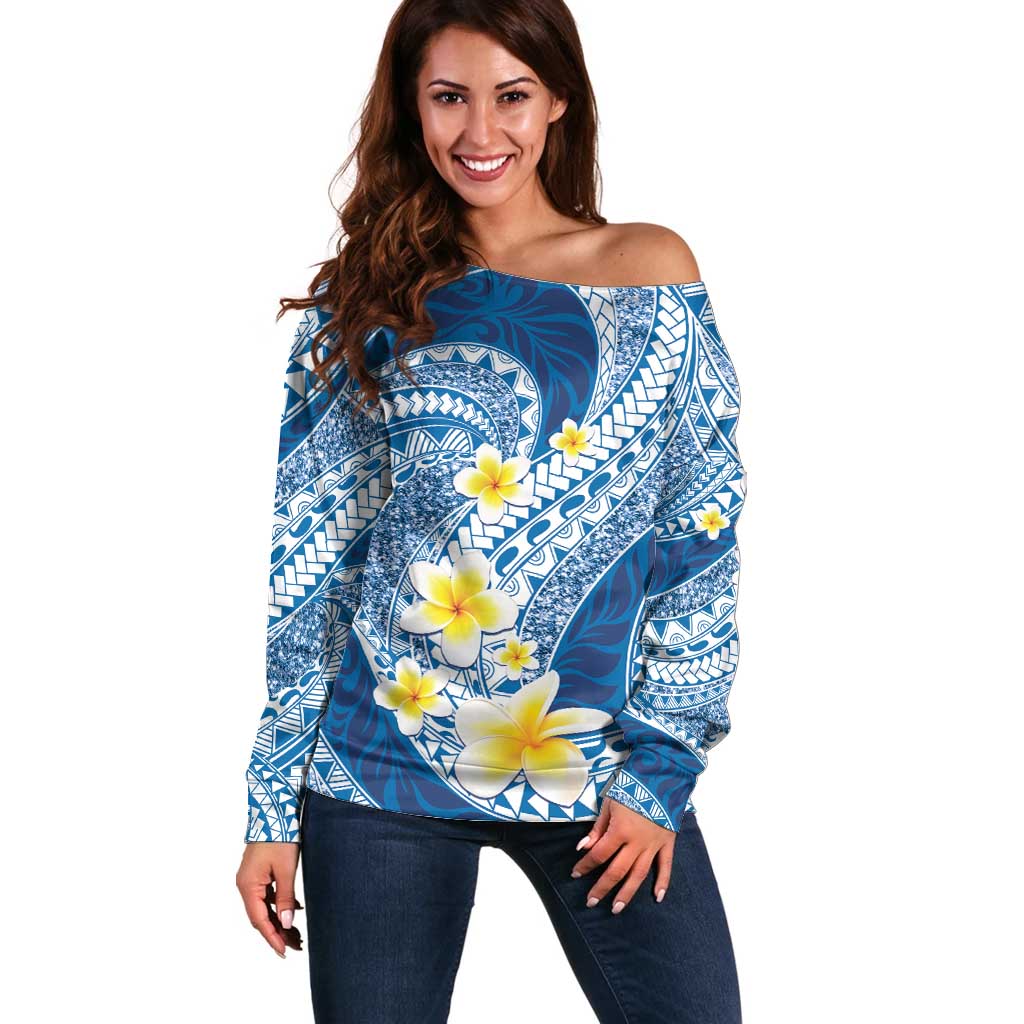 Plumeria Polynesian Blue Glitter Pattern Off Shoulder Sweater LT01 Women Blue - Polynesian Pride